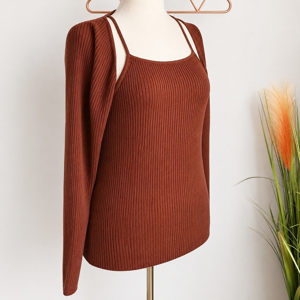 Anthropologie NEW Brown Cocoa Ribbed Cut-out Sweater 2fer Top Shirt SZ Large Y2K - Picture 3 of 10